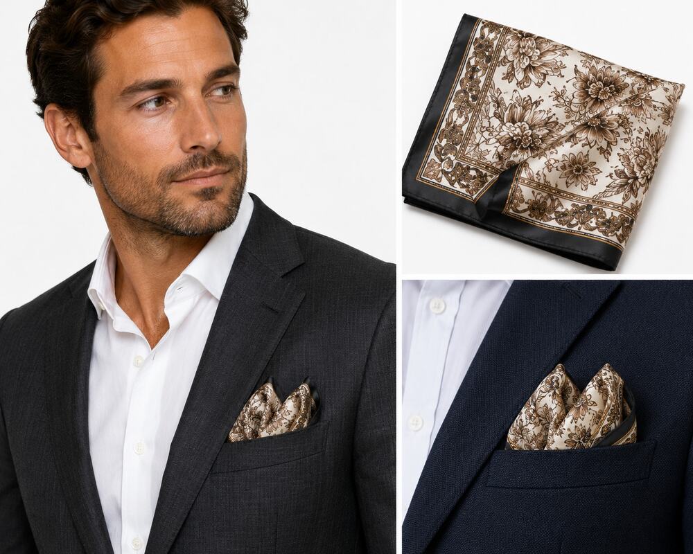 Carlo Palazzi Men’s Pocket Square 16x16 Brown Cream Floral Italian Style